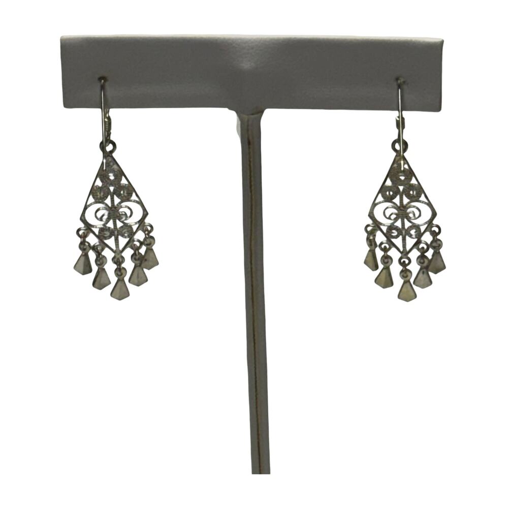 Silver Filigree Chandelier Drop Earrings Fleur de Lis Scrollwork Dangle - Picture 2 of 6